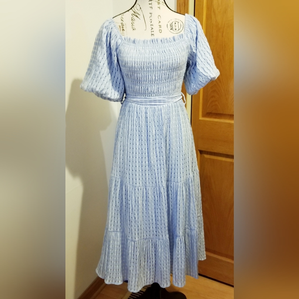 She+Sky Blue Smocked Puff Sleeves Tiered Check Square Midi Dress Small Cottage